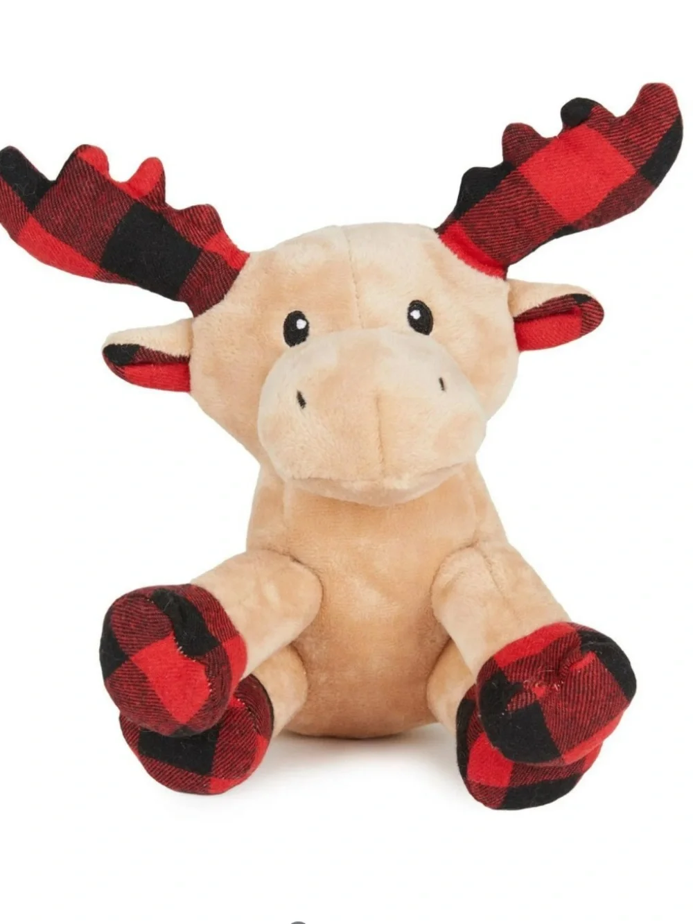 Plush Tan Moose Dog Toy with Red & Black Plaid Accents
